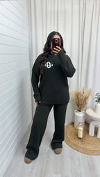 Chunky Ribbed Knit Logo Top and Trouser Co-Ord - KHAKI