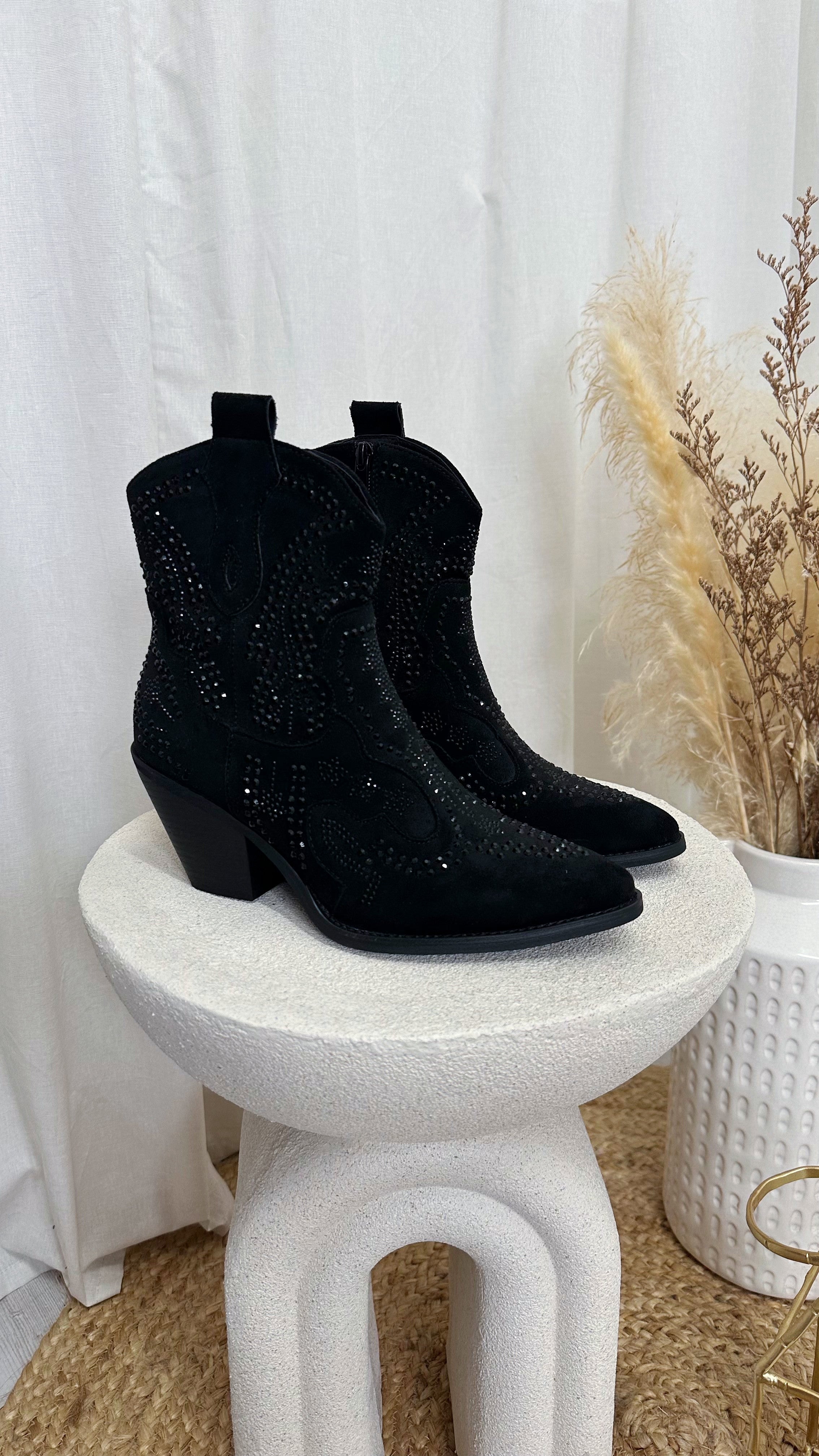 Rhinestone Cowboy Ankle Boots - BLACK