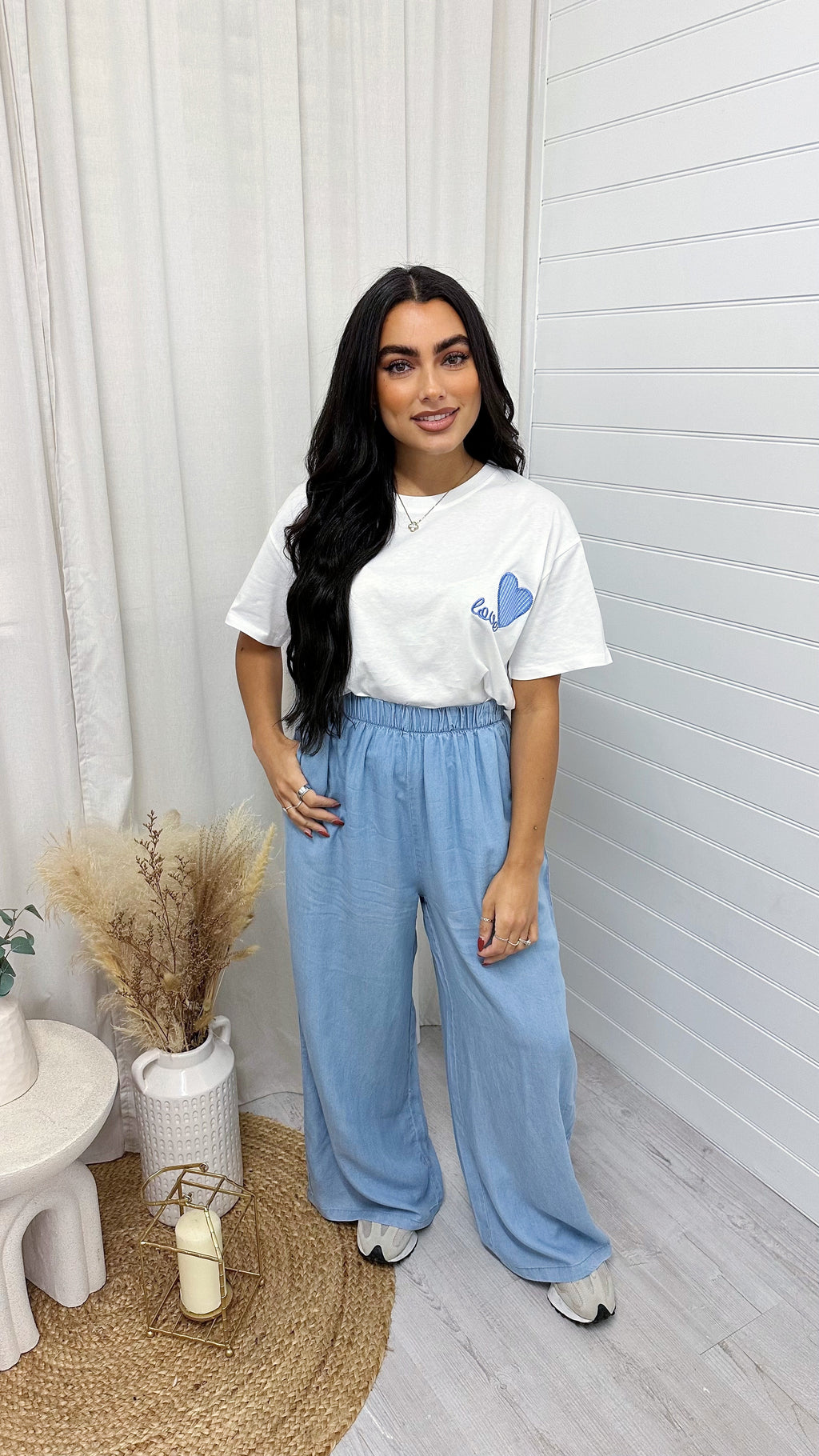 Soft Cotton Denim Style Wide Leg Trousers - LIGHT DENIM