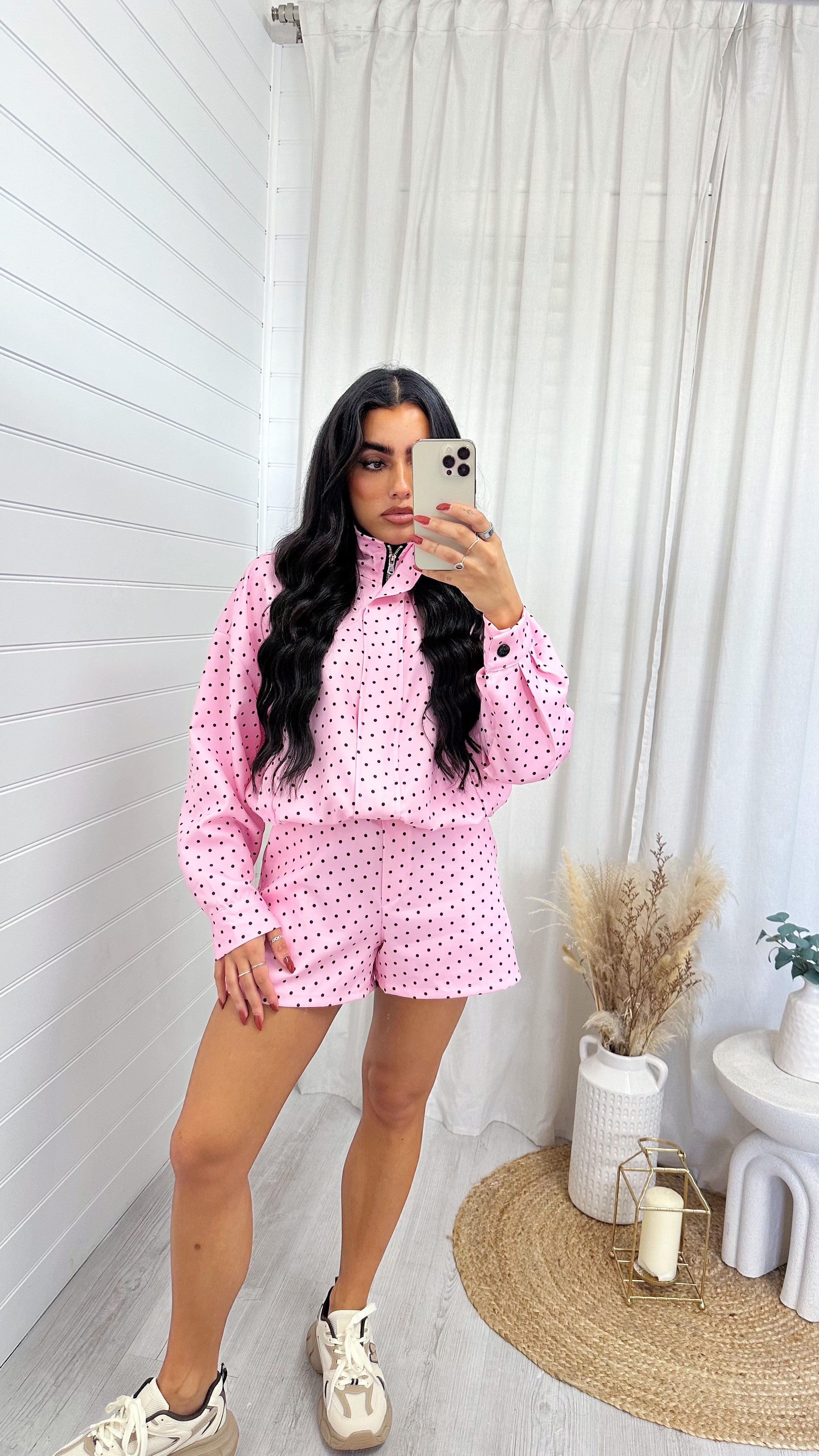 Polka Dot Bomber Jacket and Shorts Co-Ord - PINK