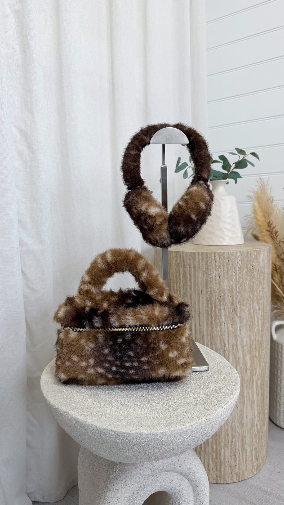 Top Handle Faux Fur Deer Print Bag