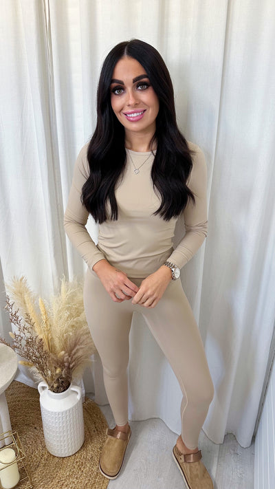 Long Sleeve Top and Leggings Activewear Set - BEIGE