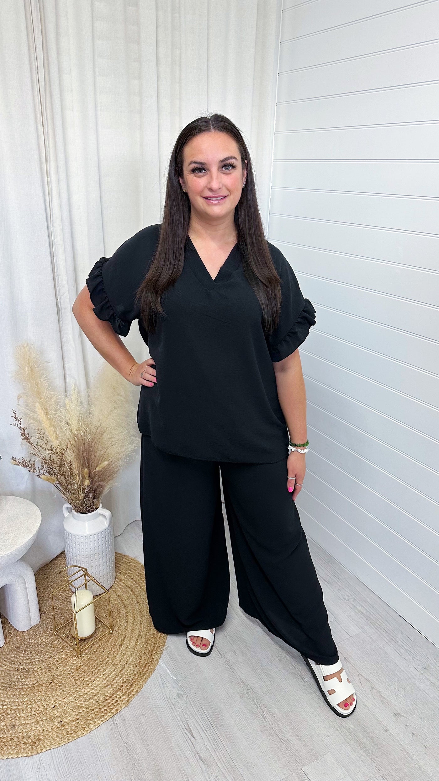 PLUS V-Neck Frill Sleeve Top and Wide Leg Trousers Co-Ord - BLACK