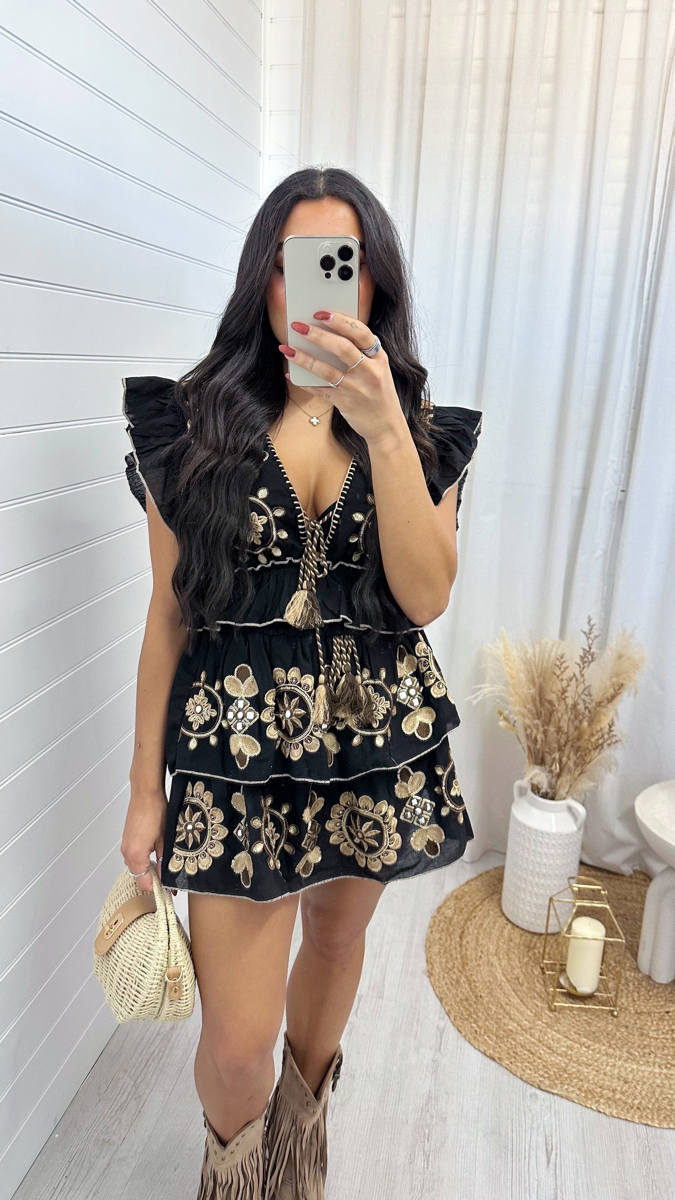 Boho Embroidered Top and Skirt Co-Ord - BLACK