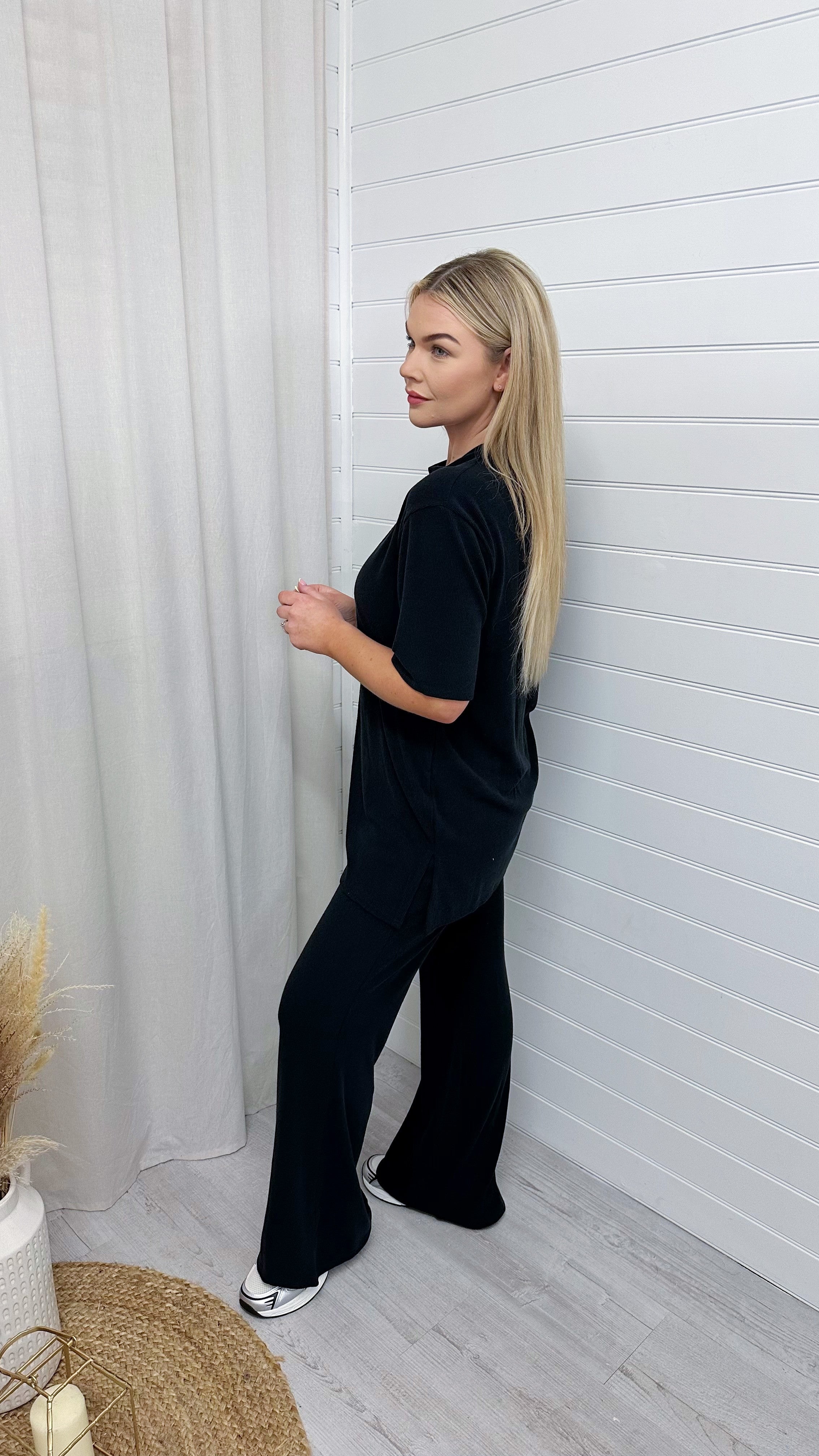 PLUS Soft Premium Ribbed T-Shirt and Straight Leg Trousers Co-Ord - BLACK