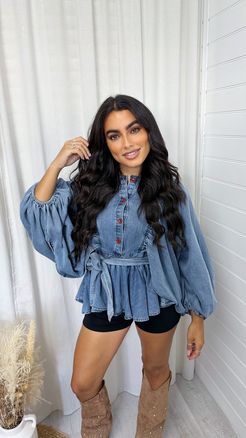 Balloon Sleeve Peplum Denim Shirt - DARK DENIM