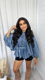 Balloon Sleeve Peplum Denim Shirt - DARK DENIM