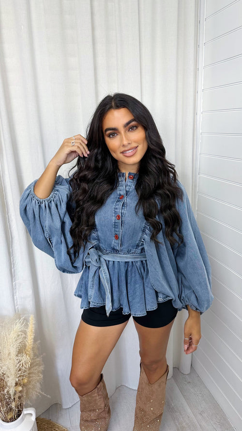 Balloon Sleeve Peplum Denim Shirt - DARK DENIM