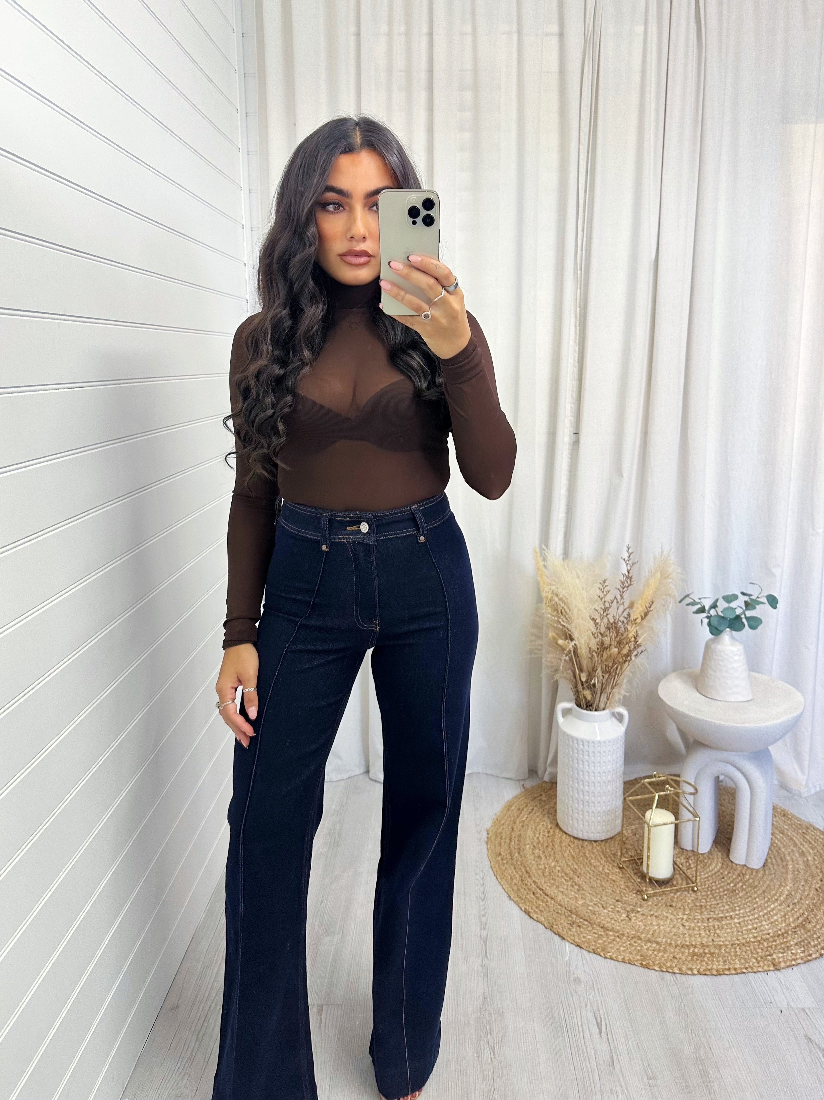 High Waisted Seam Front Flared Jeans - DARK DENIM