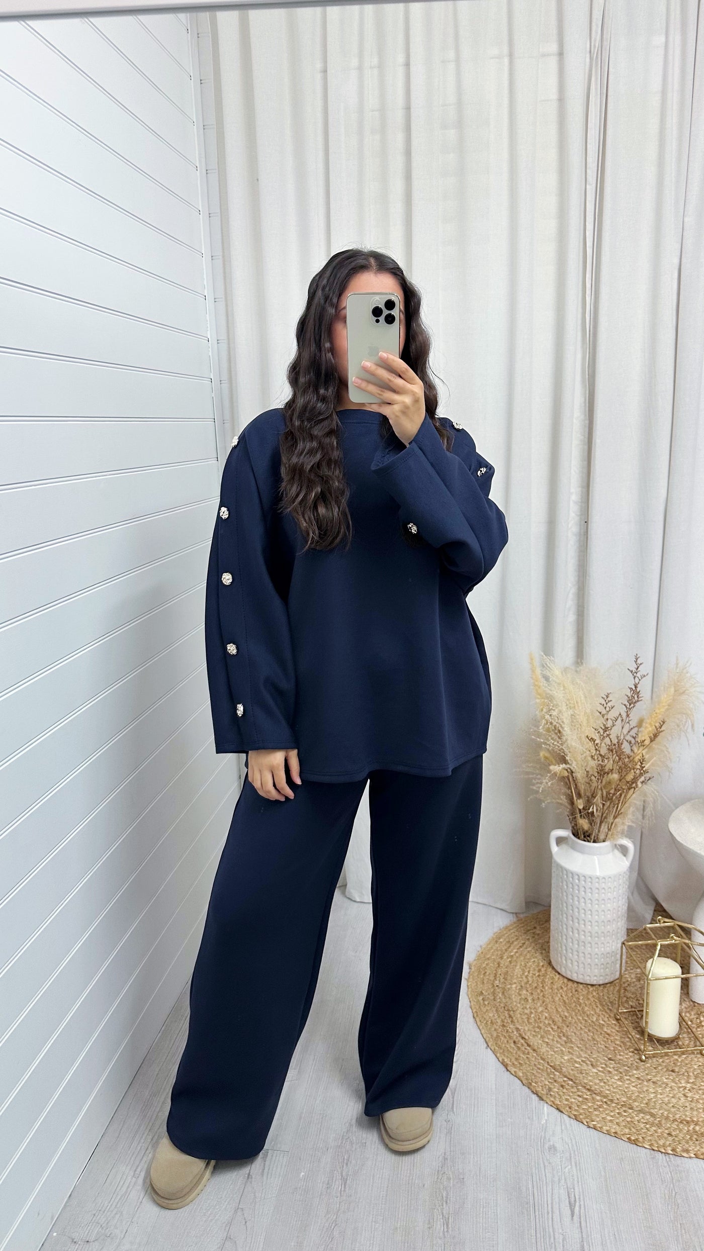 Long Sleeve Gold Button Detail Top and Trousers Co-Ord - NAVY