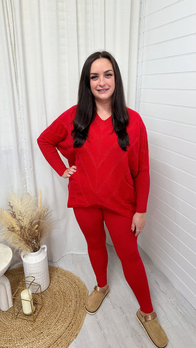 PLUS V Neck Knitted Jumper and Leggings Co-Ord - RED