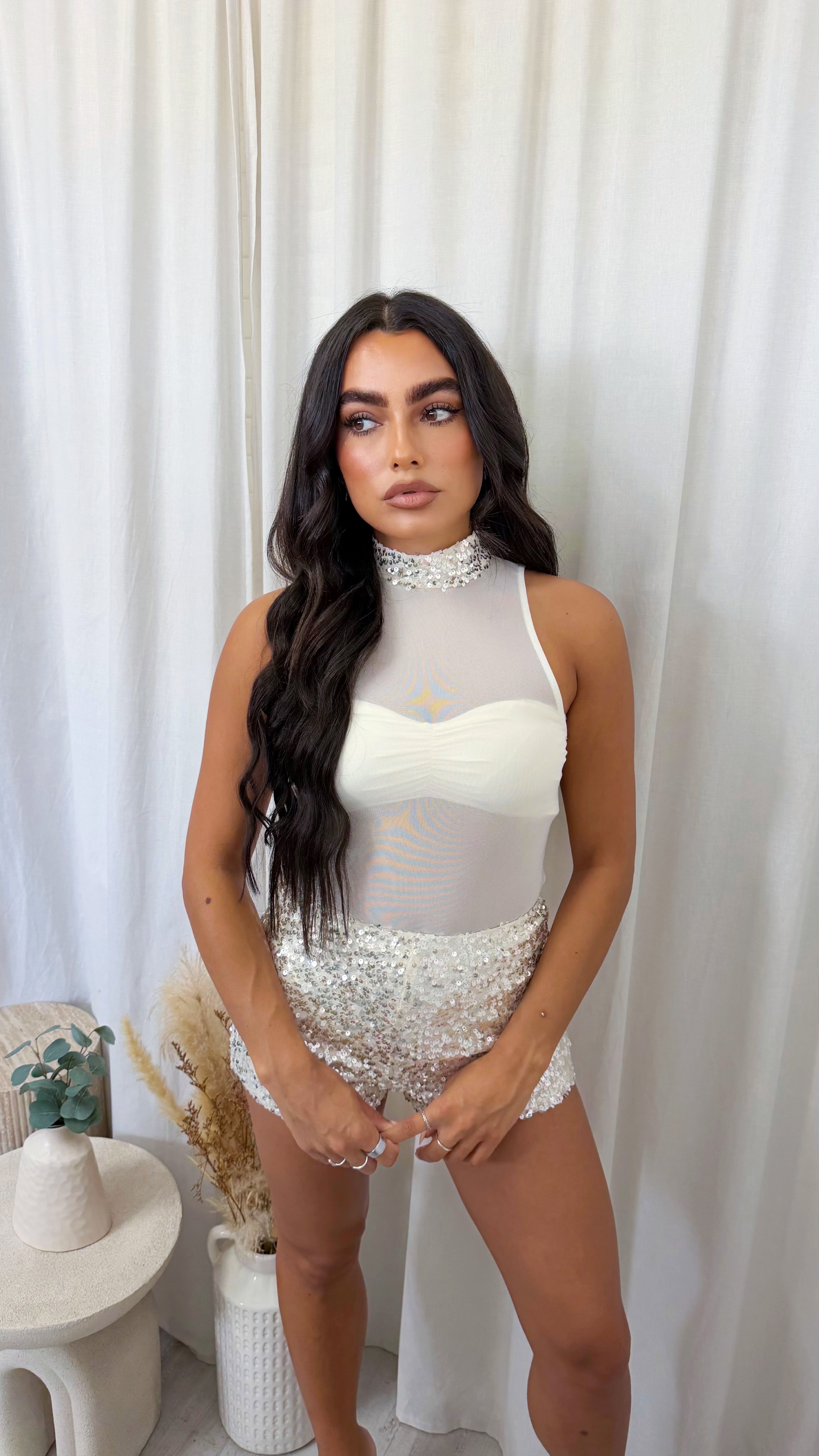 3 Piece Sequin Mesh Bodysuit, Bralette and Shorts Co-Ord - WHITE
