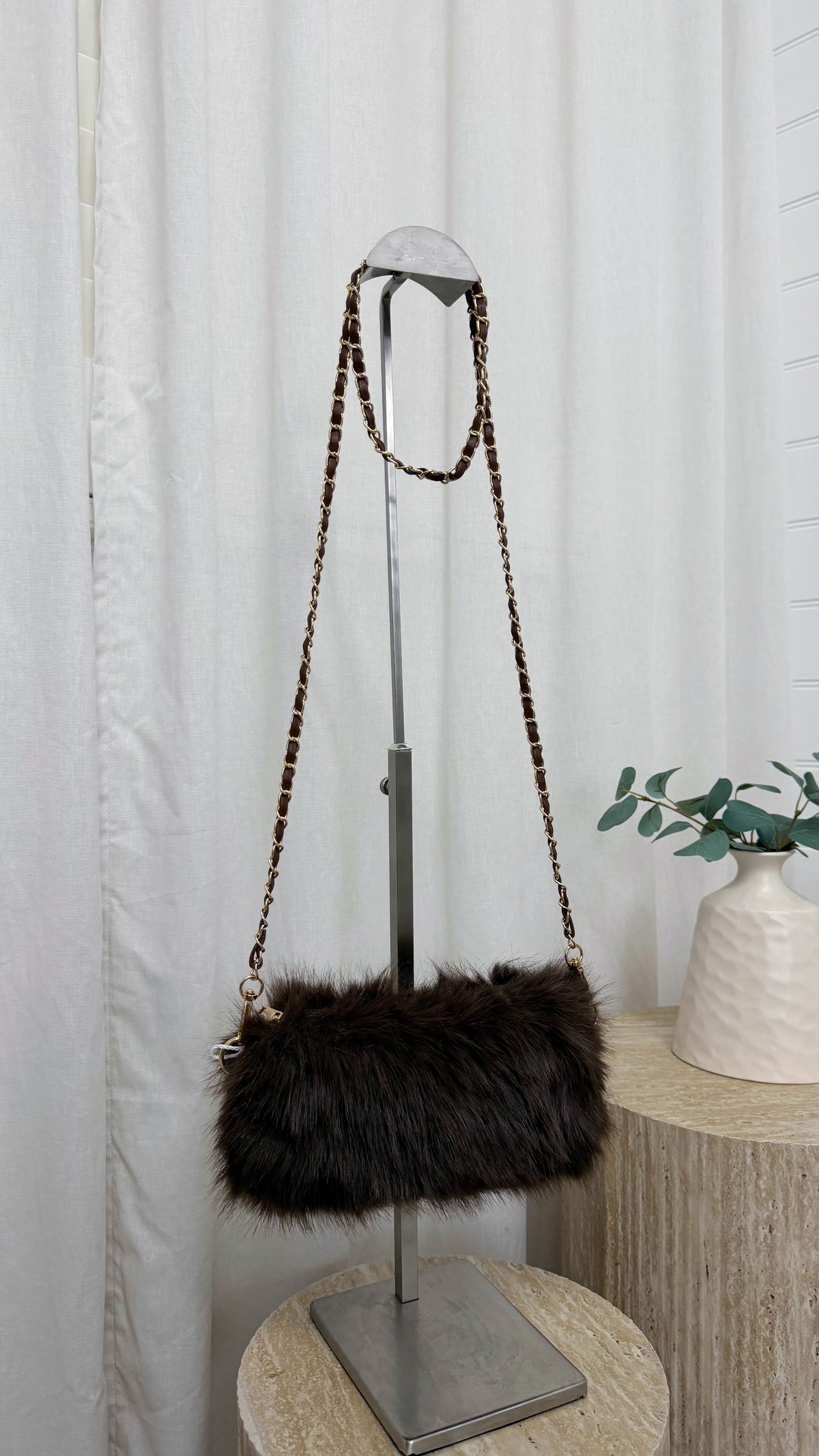 Fluffy Faux Fur Mini Cross Body Bag - BROWN