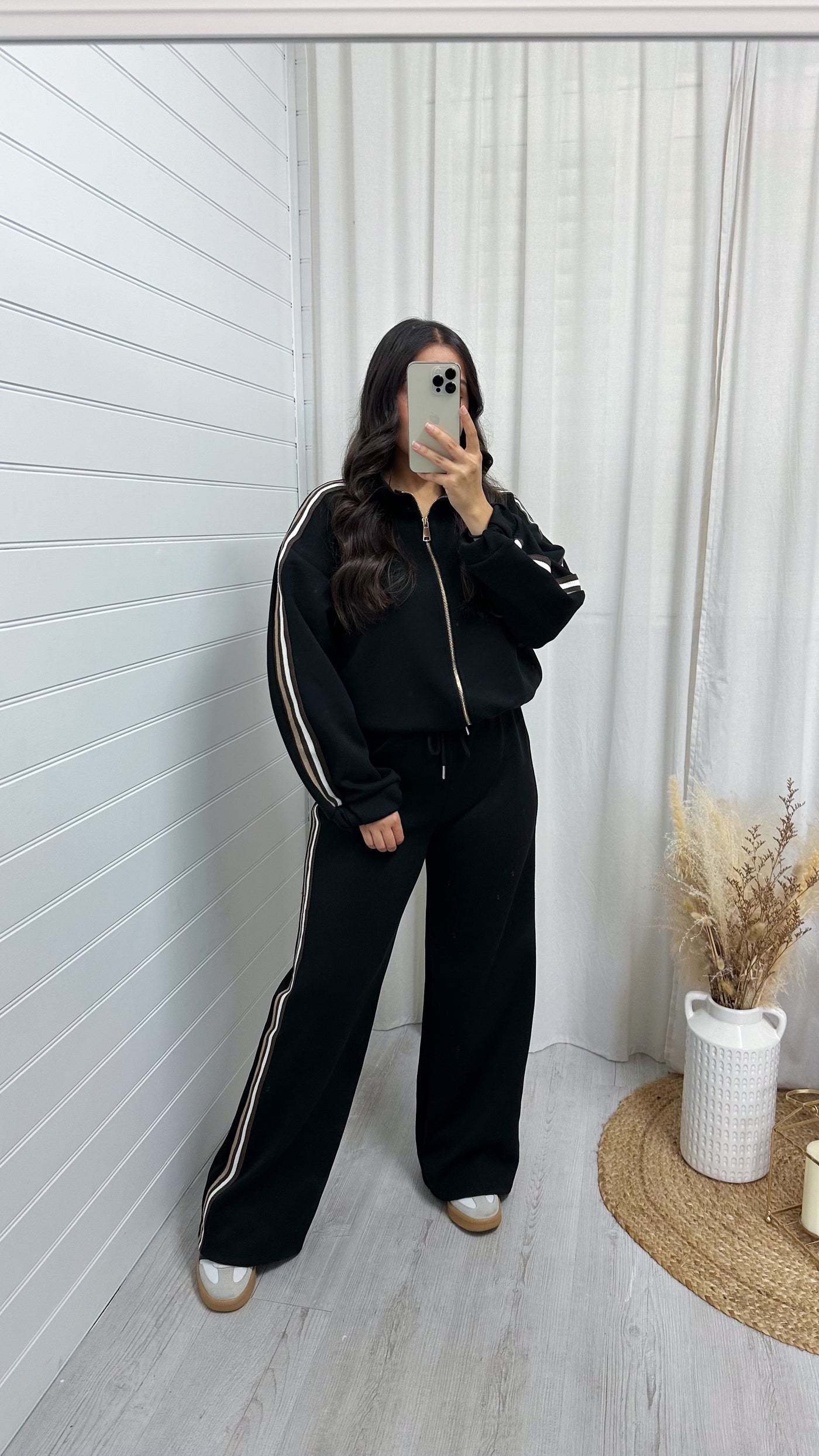 Side Stripe Bomber Jacket and Wide Leg Joggers Co-Ord - BLACK