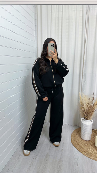 Side Stripe Bomber Jacket and Wide Leg Joggers Co-Ord - BLACK