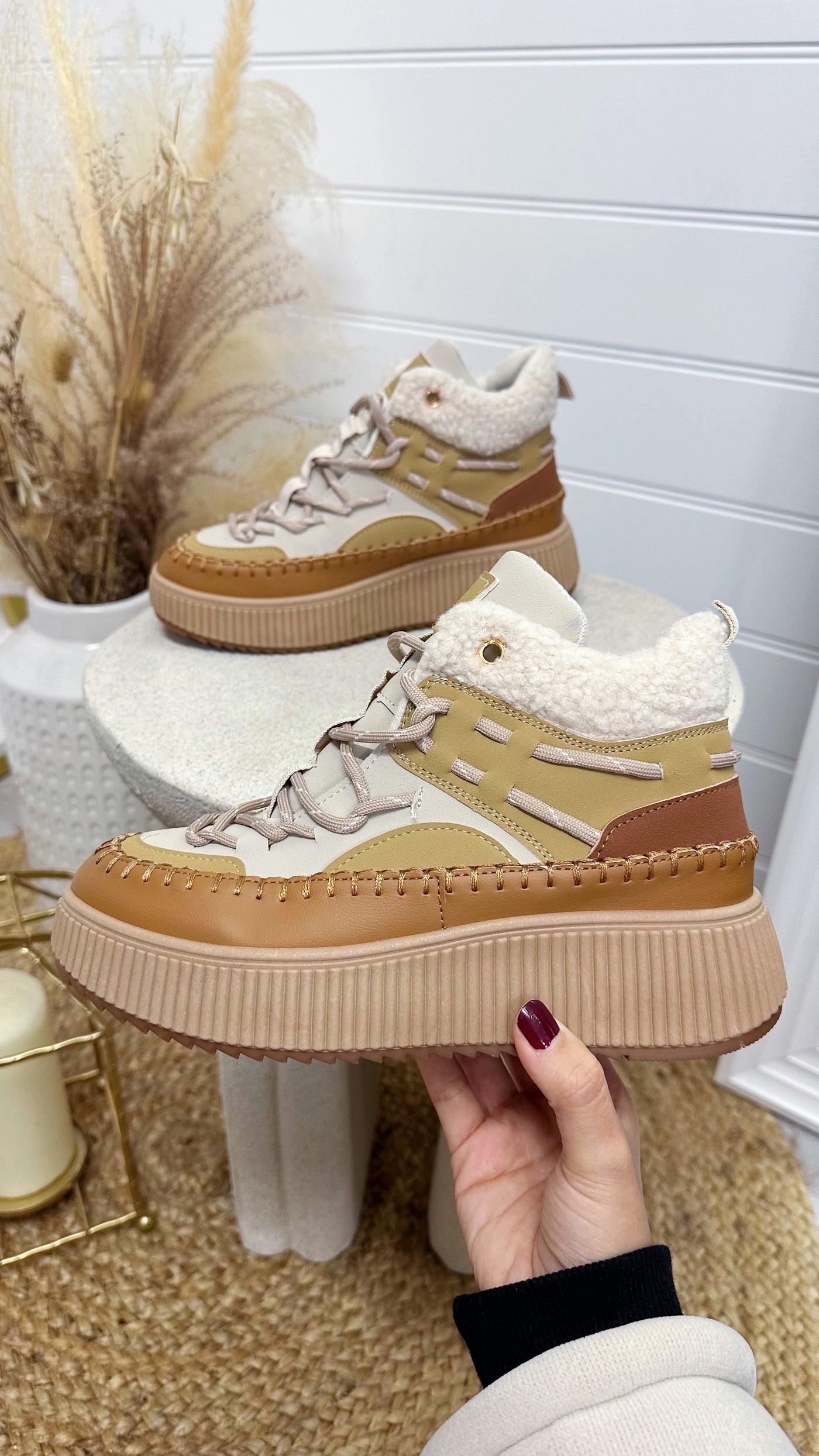 Embroidered High Top Platform Trainers - TAN