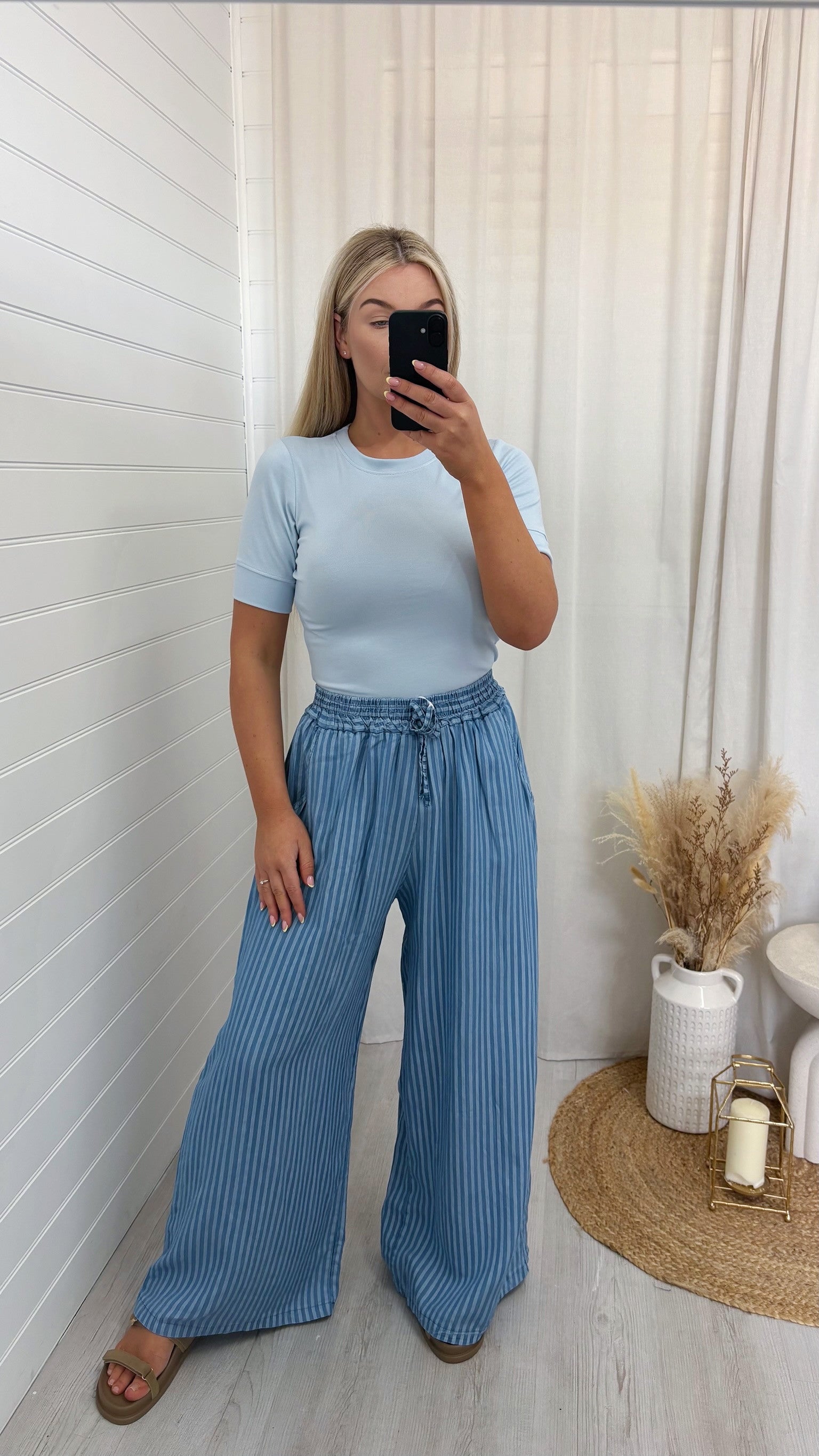 Pinstripe Wide Leg Trousers - DARK DENIM
