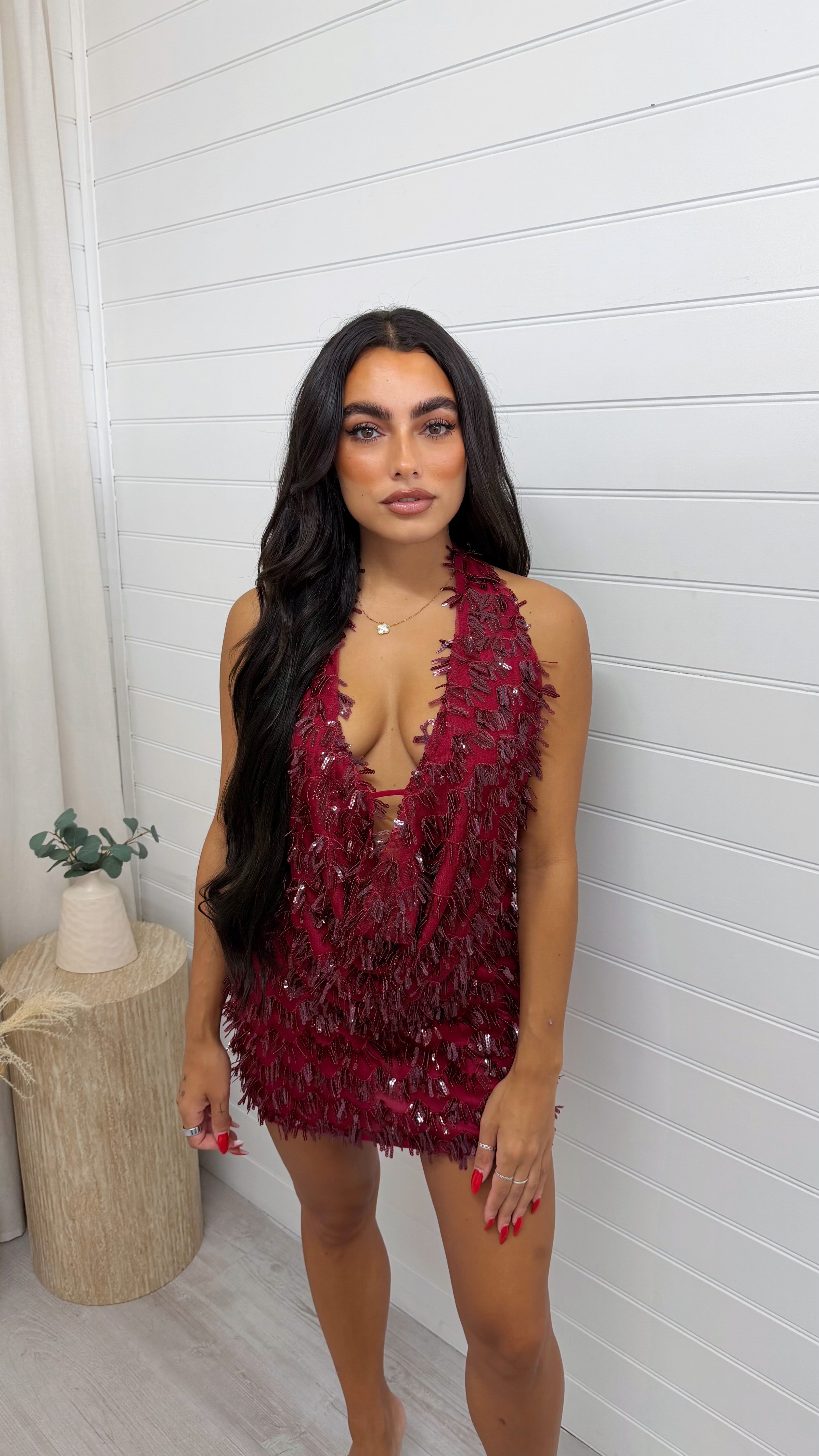 Cowl Neck Sequin Top and Skirt Set - BURGUNDY