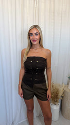 Brass Button Fine Knit Top - BROWN