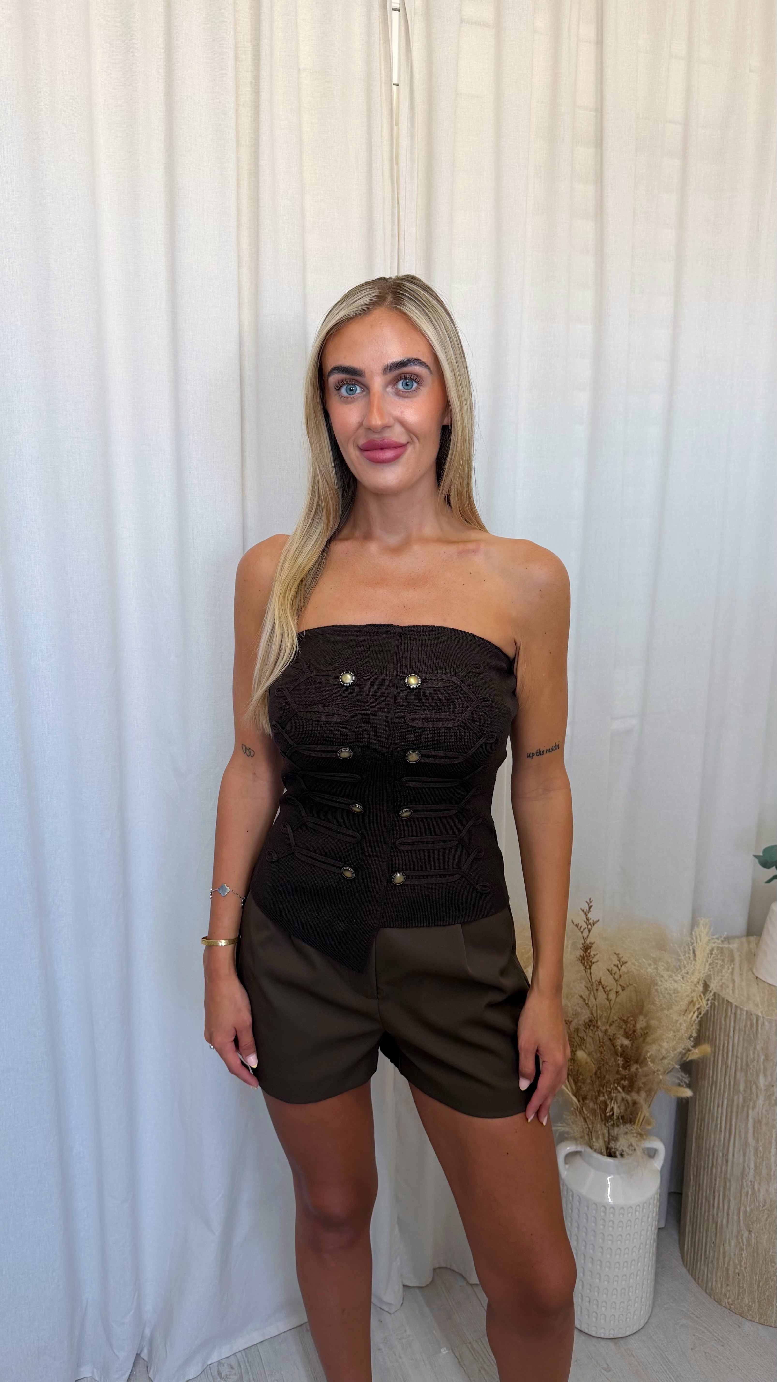 Brass Button Fine Knit Top - BROWN