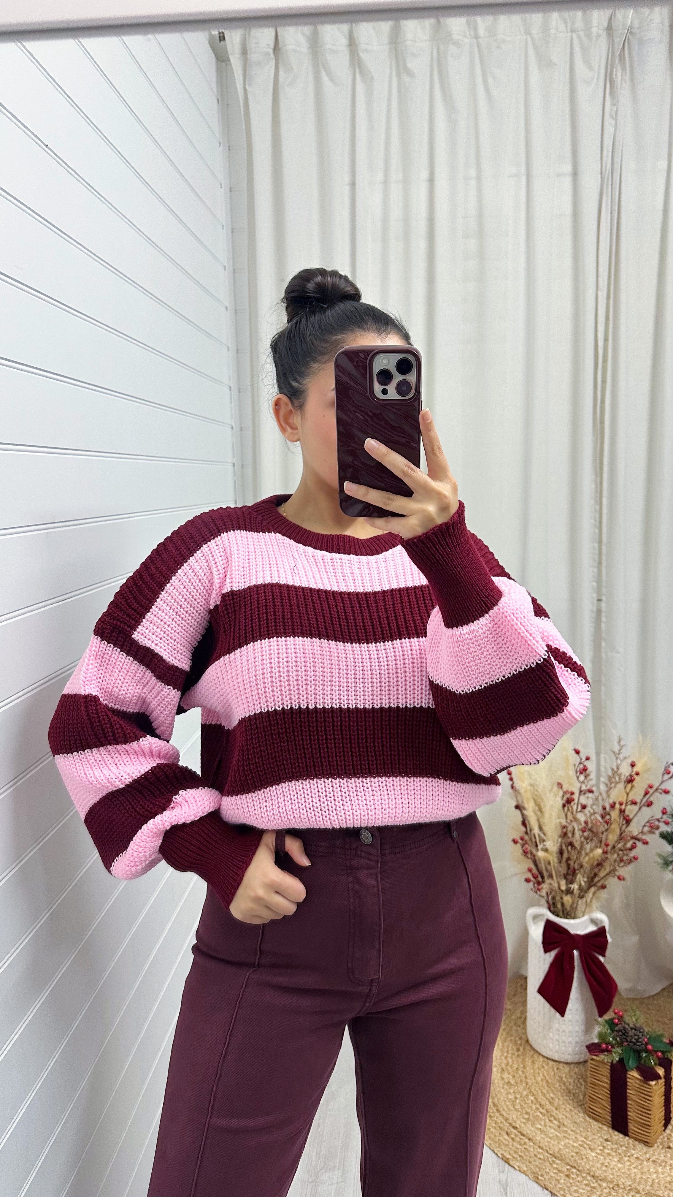 Cropped Stripey Knit Jumper - PINK/BURGUNDY