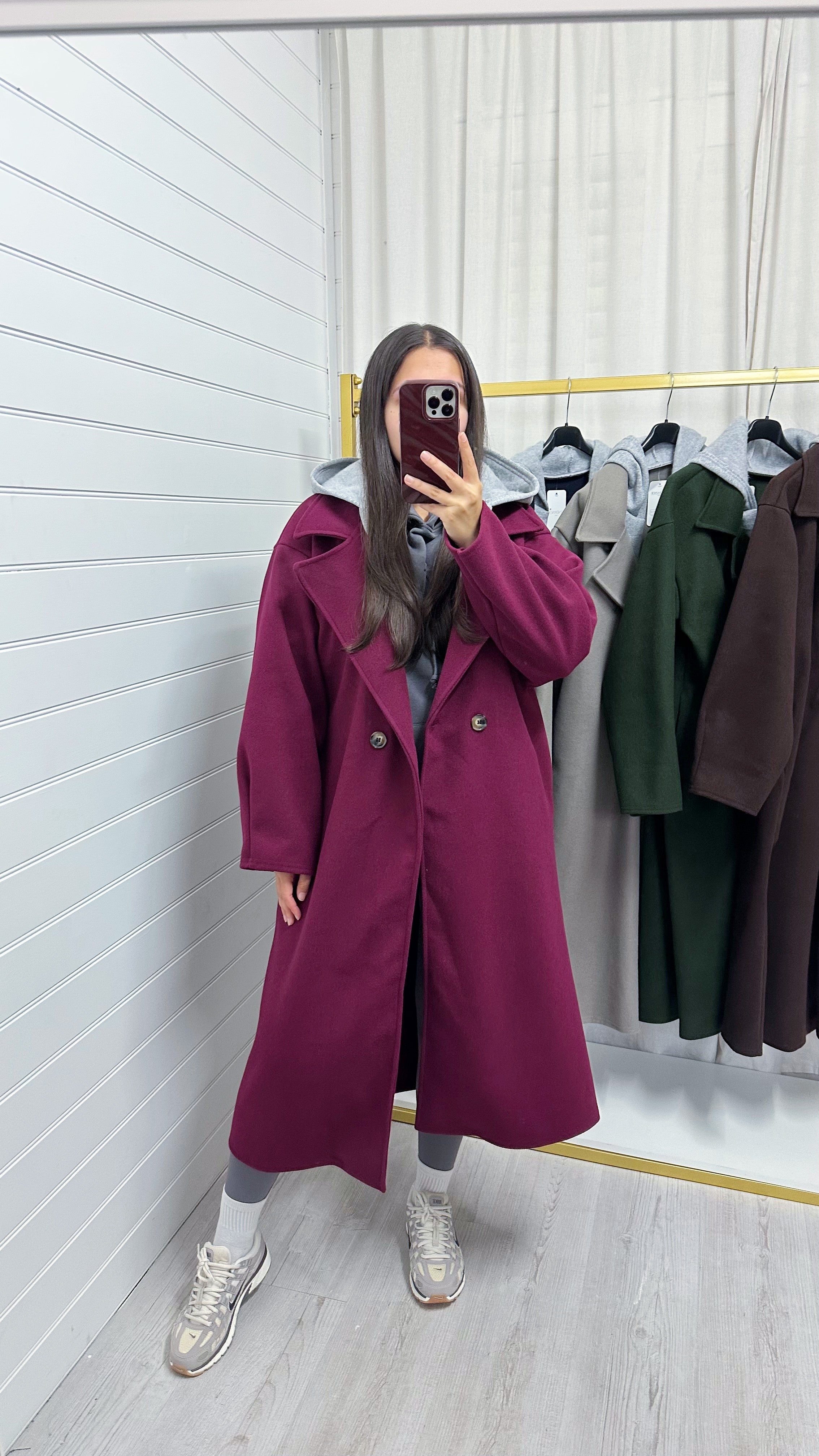 Oversized Woollen Hooded Mac - BERRY