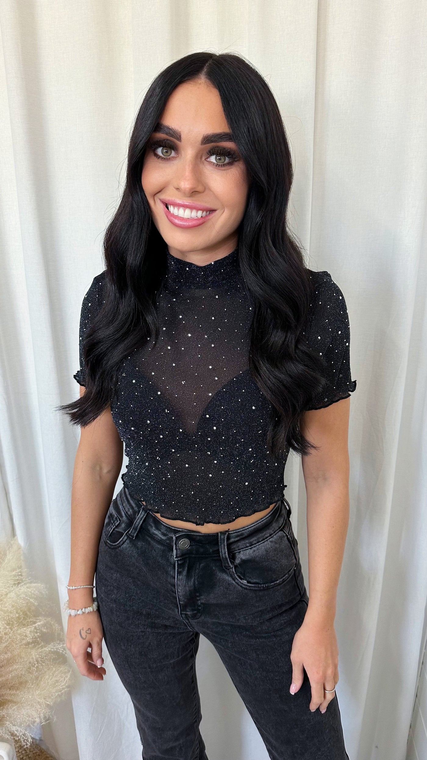 Rhinestone Sparkly Mesh Crop Top - BLACK