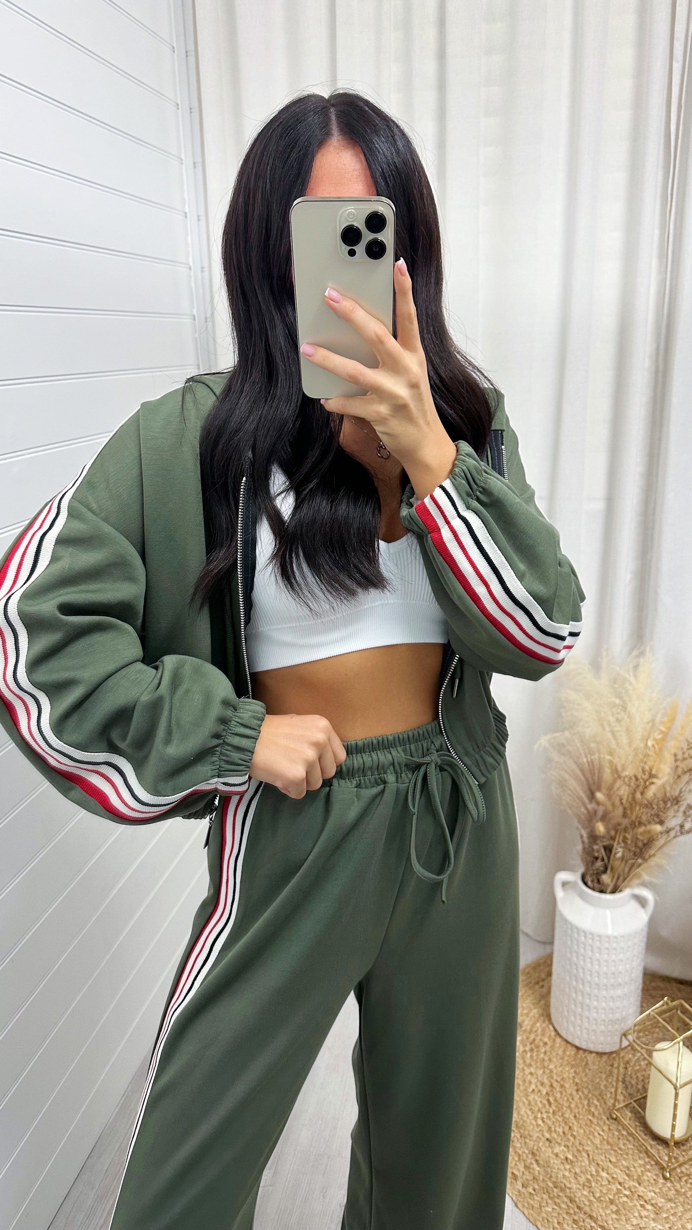 Retro Side Stripe Bomber Jacket and Joggers Tracksuit - KHAKI