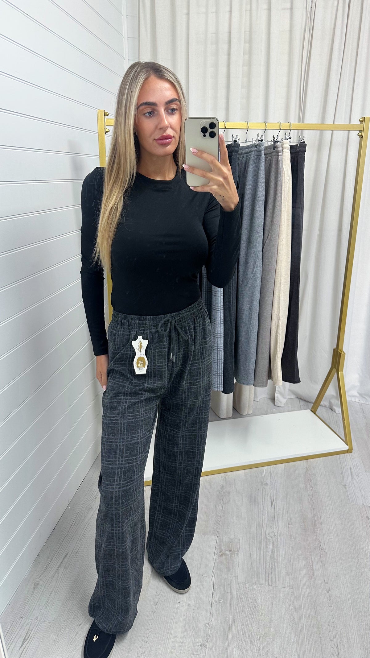 Check Wide Leg Trousers - CHARCOAL