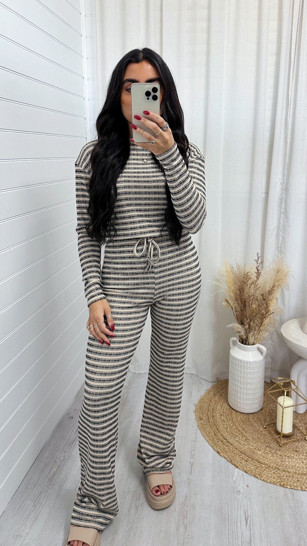 Textured Stripe Long Sleeve Top and Trousers Co-Ord - BLACK/BEIGE