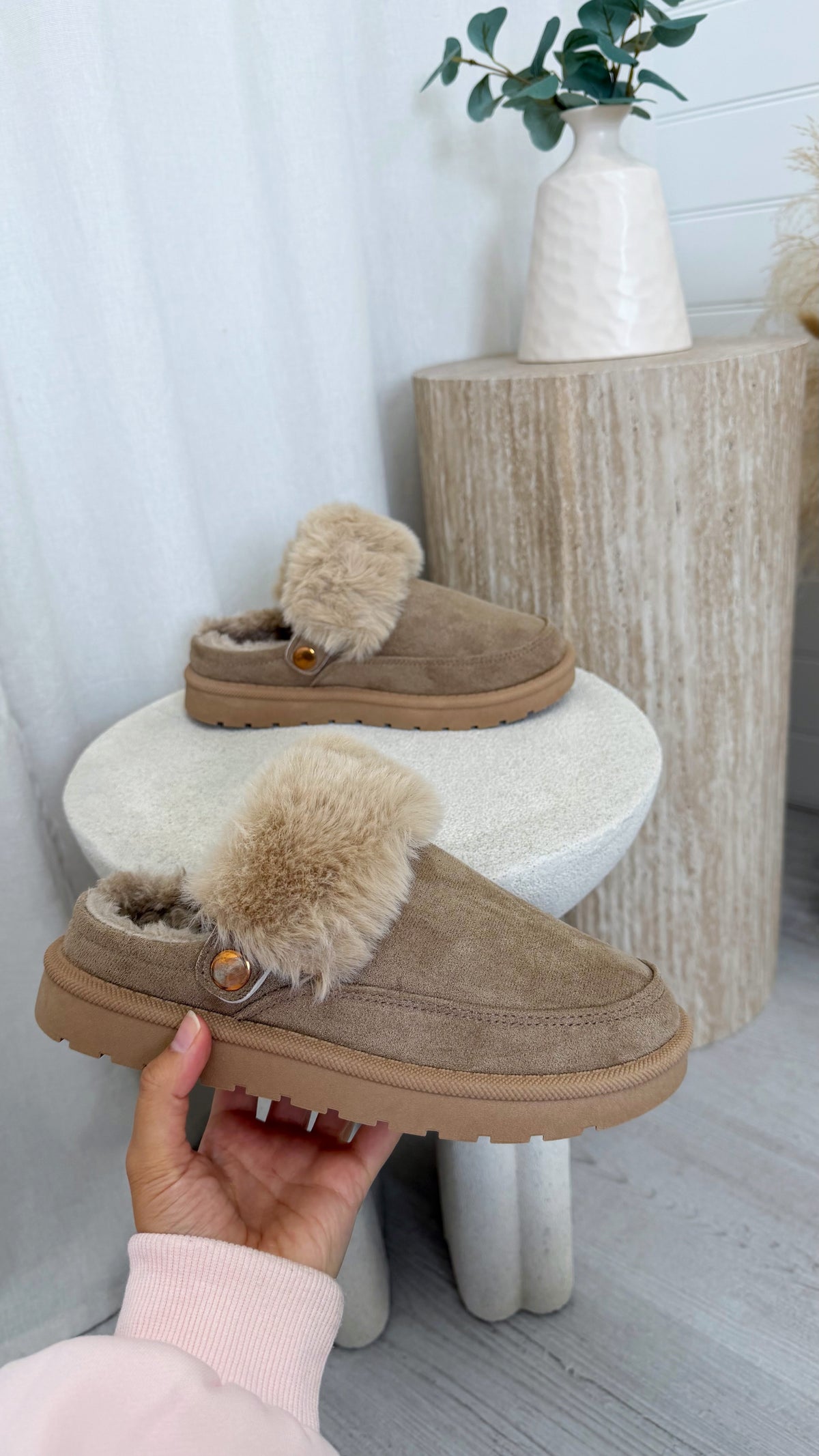 Faux Fur Strap Mule - BEIGE