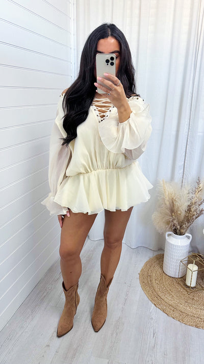 Chiffon Lace Up Peplum Top - BEIGE