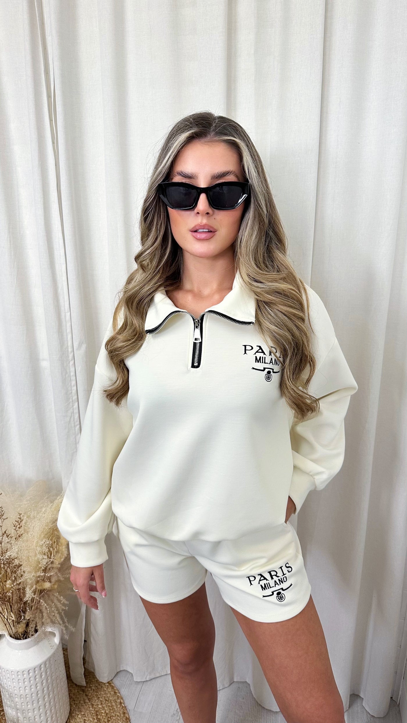 Paris Milano Embroidered Half Zip Sweatshirt and Shorts Co-Ord - CREAM