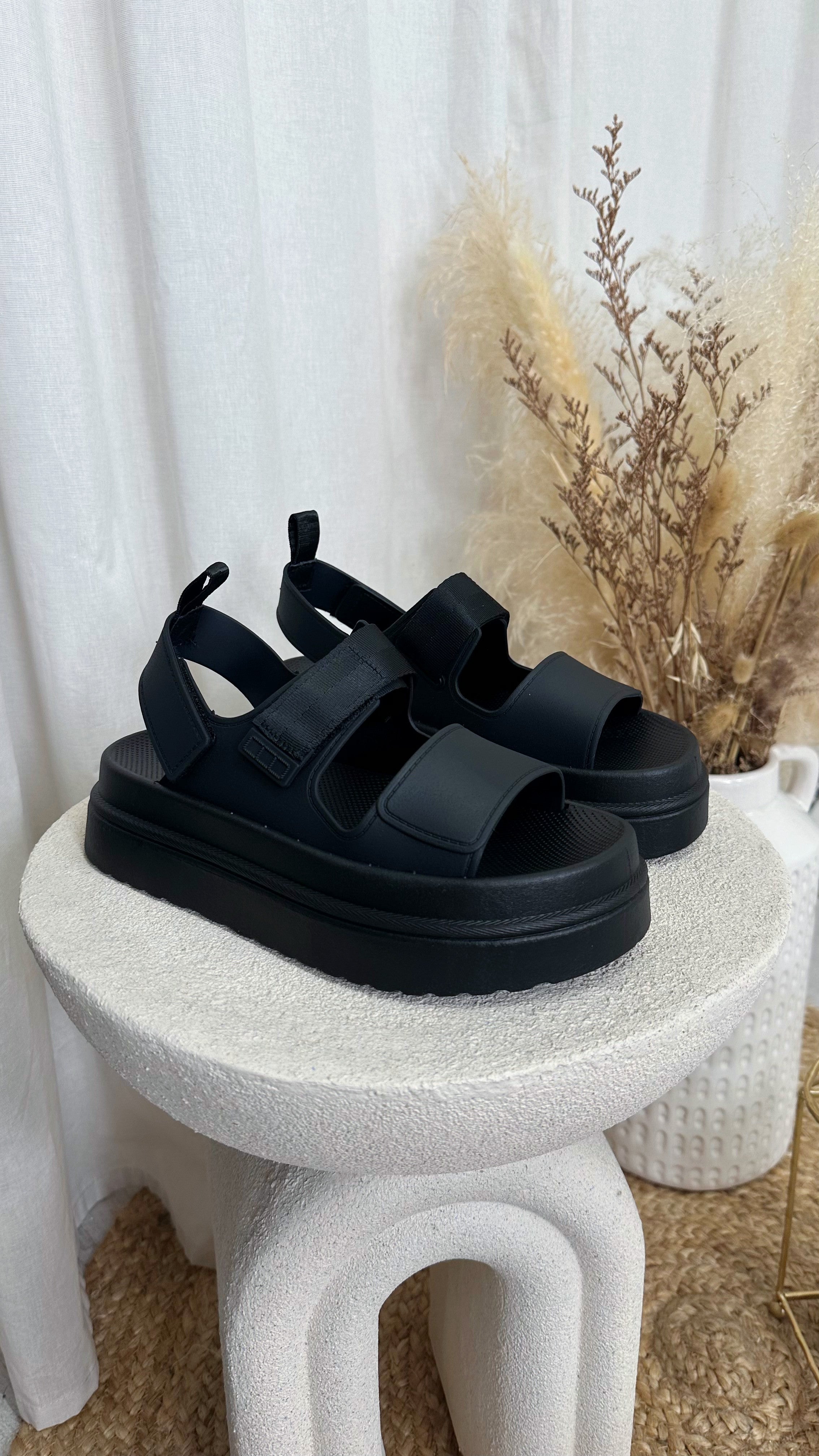 Chunky Velcro Strap Sandals - BLACK