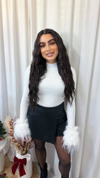 Ribbed Knit Feather Cuff Top - WHITE