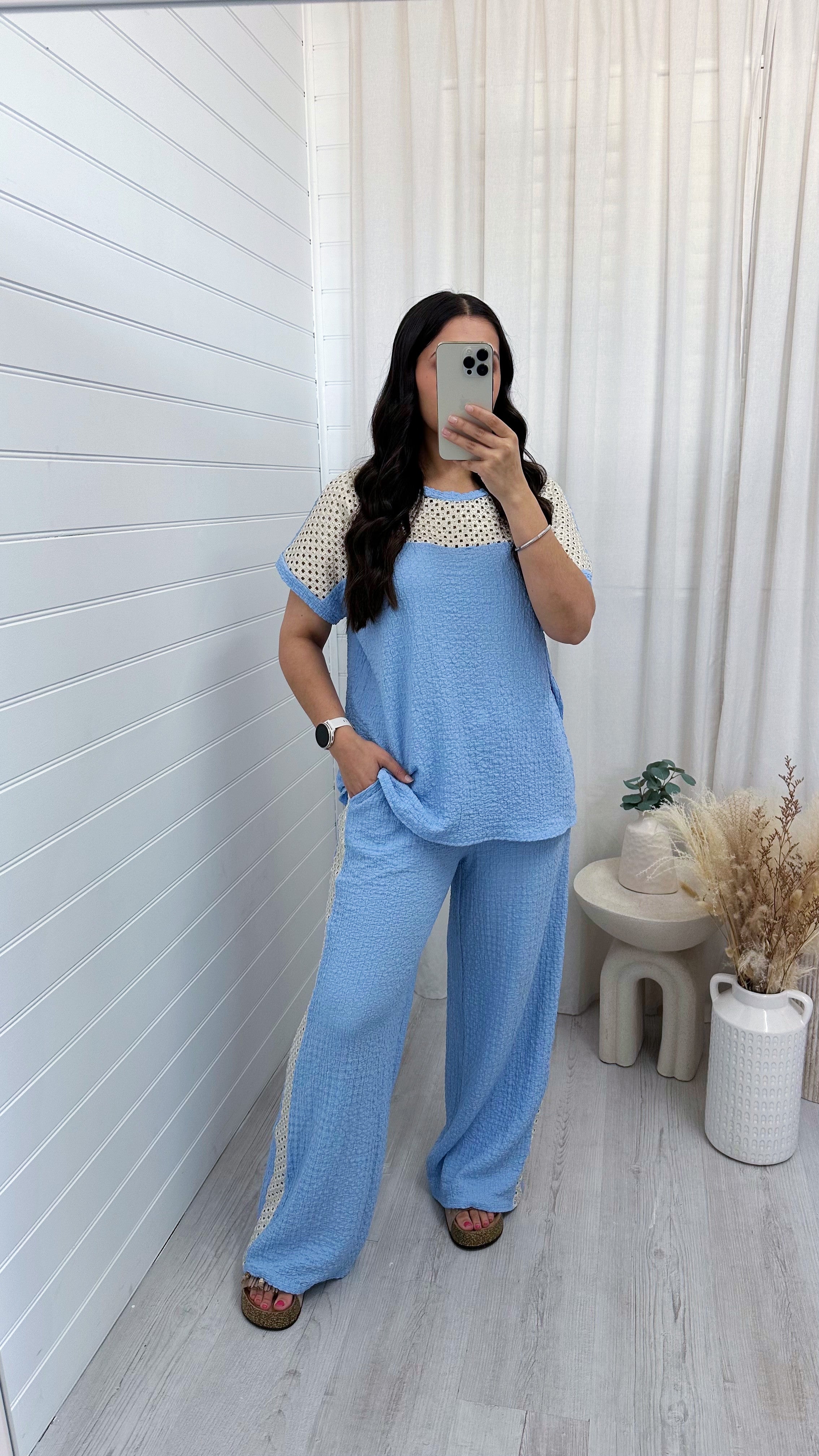 Metallic Mesh T-Shirt and Trouser Co-Ord - BABY BLUE