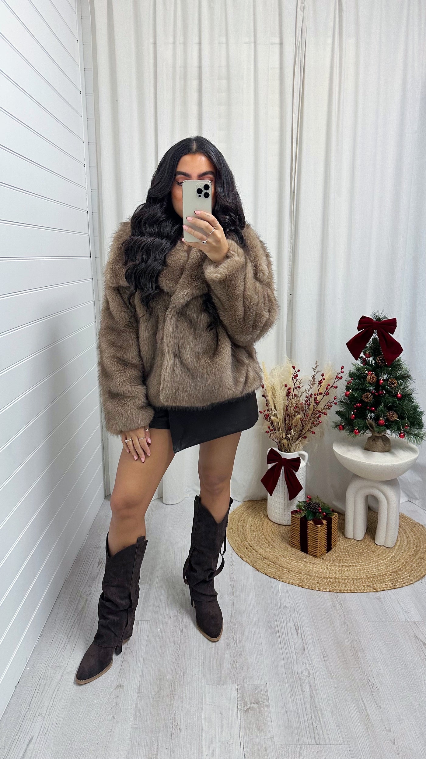 Oversized Lapel Faux Fur Coat - CARAMEL