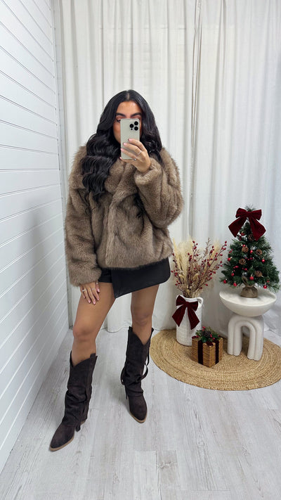Oversized Lapel Faux Fur Coat - CARAMEL