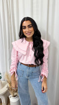 Frill Collar Ruched Sleeve Shirt - PINK