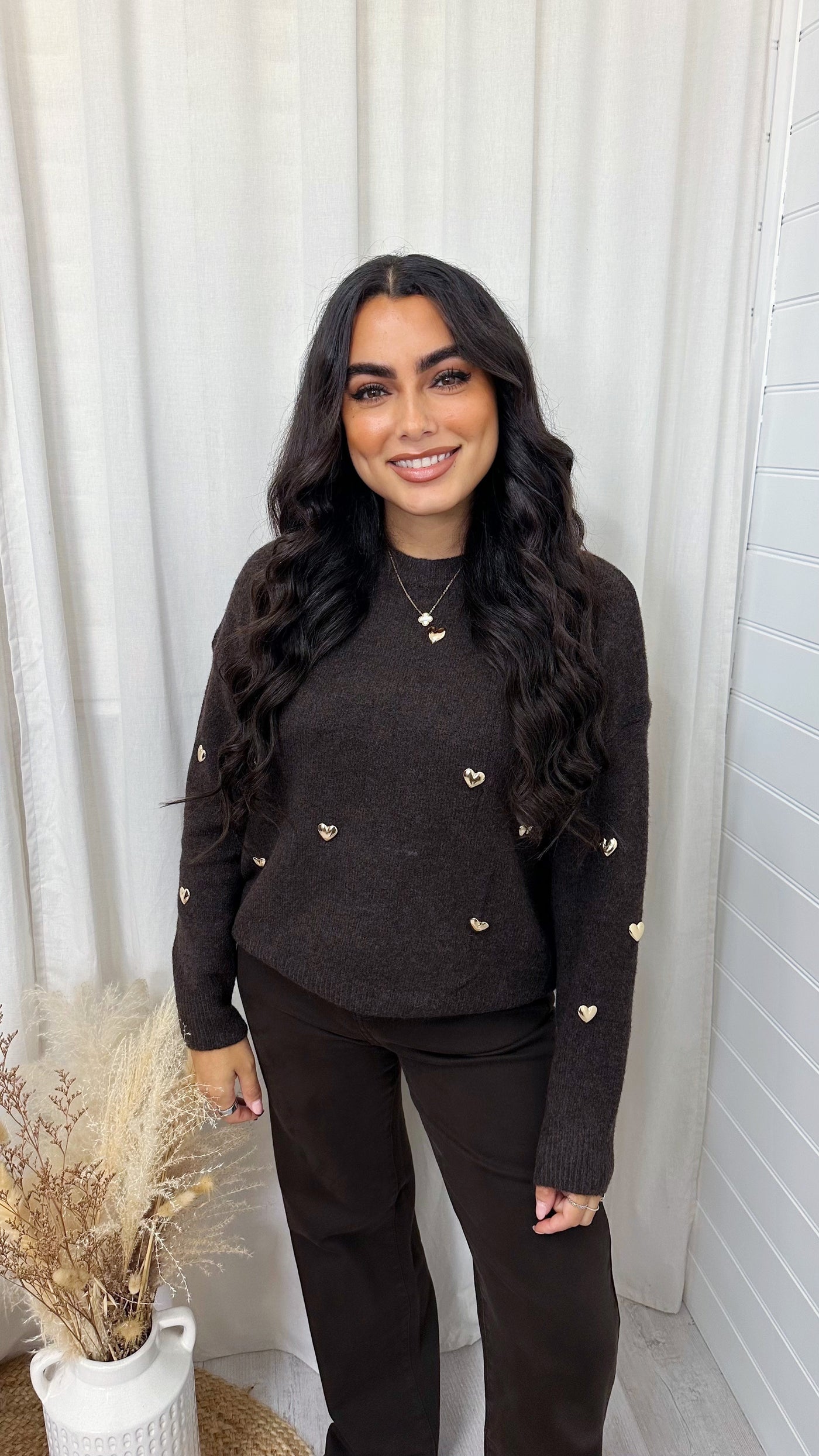 3D Gold Love Heart Woollen Jumper - BROWN
