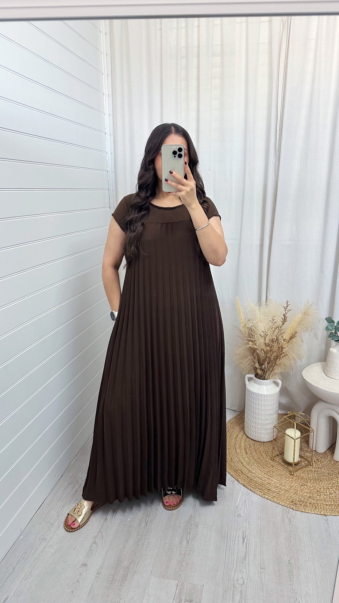 Pleated A Line Maxi Dress - BROWN