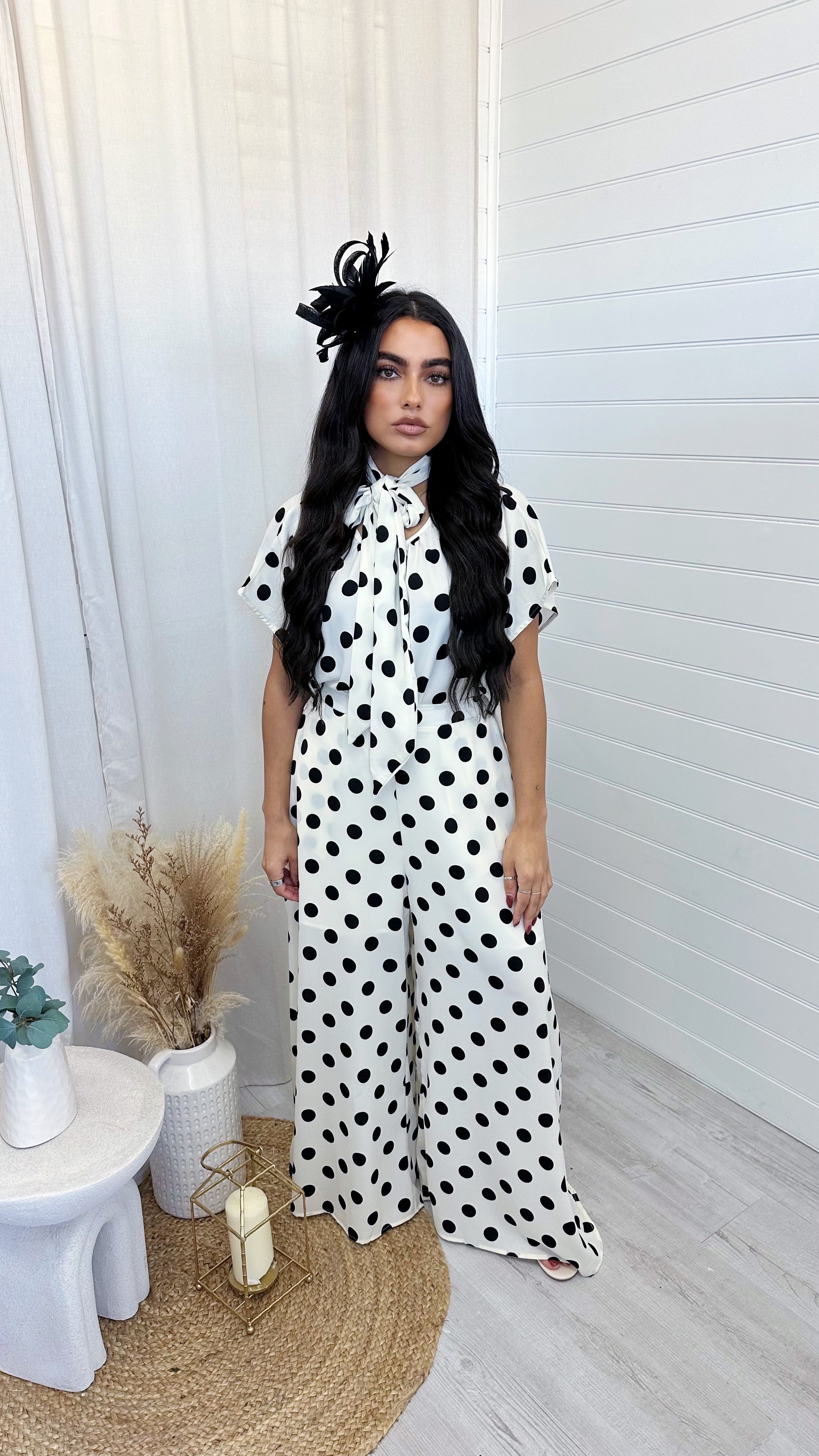 Polka Dot Bow Top and Wide Leg Trousers Co-Ord - CREAM/BLACK