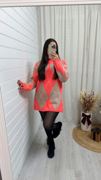 Argyle Woollen Jumper Dress - CORAL