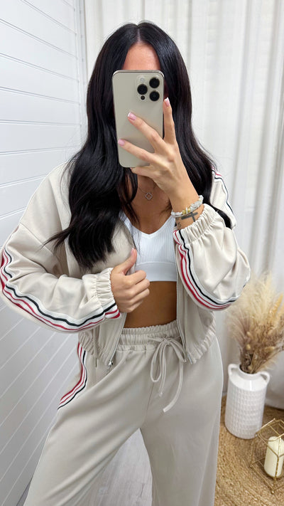 Retro Side Stripe Bomber Jacket and Joggers Tracksuit - BEIGE