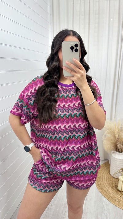 Wavy Oversized T-Shirt and Shorts Co-Ord - PURPLE