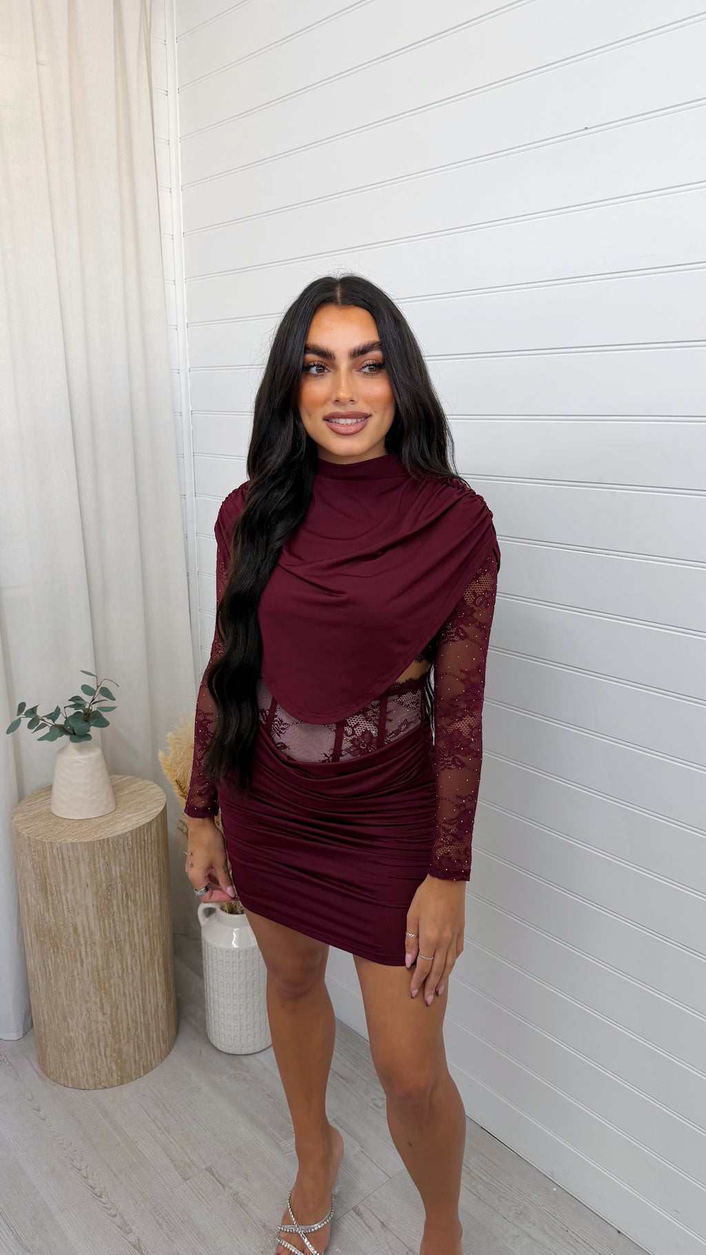 Lace Insert Top and Corset Ruched Skirt Co-Ord - BURGUNDY