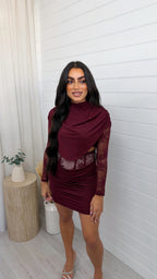 Lace Insert Top and Corset Ruched Skirt Co-Ord - BURGUNDY