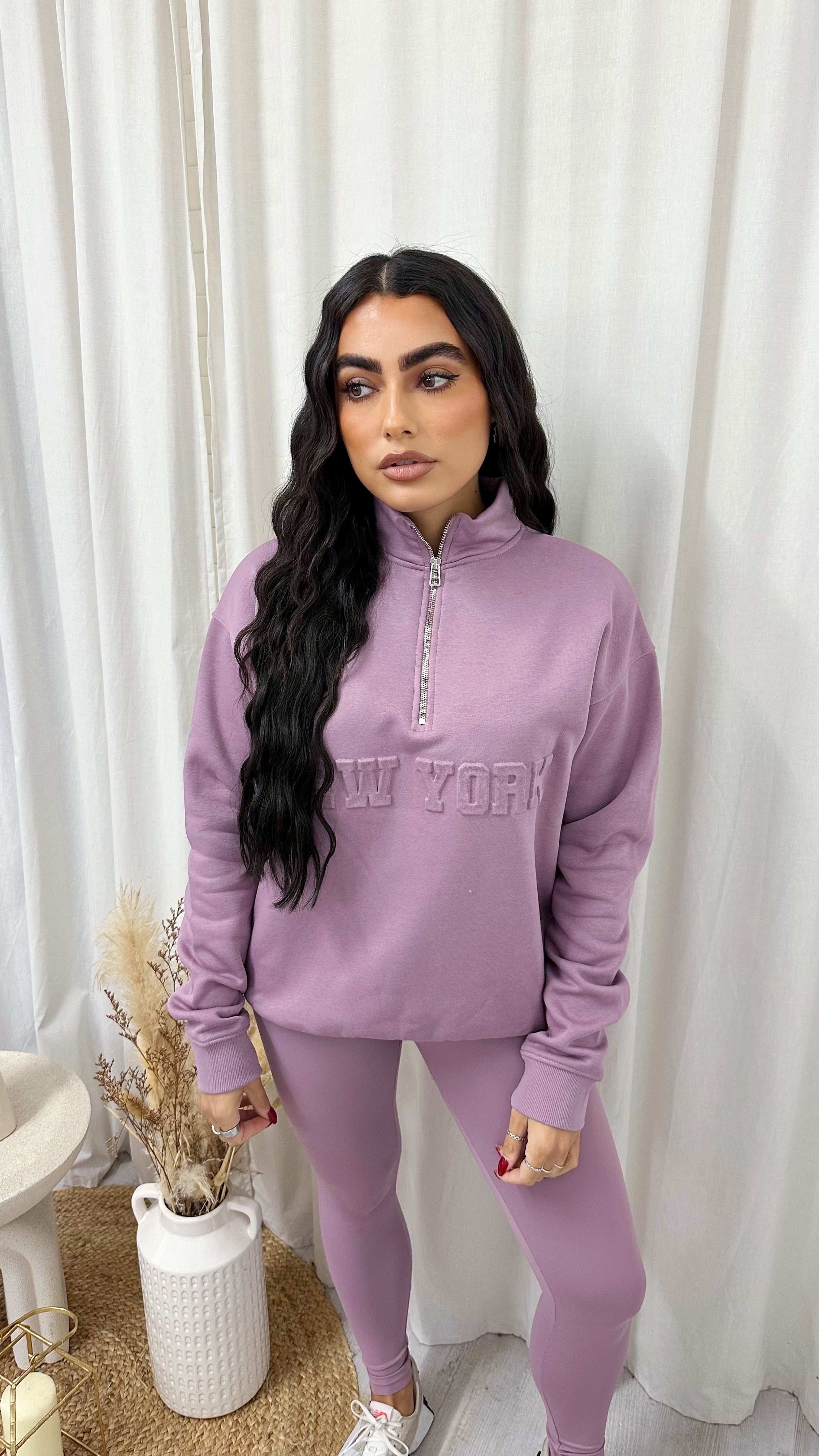 New York Embossed Half Zip Sweatshirt - LILAC