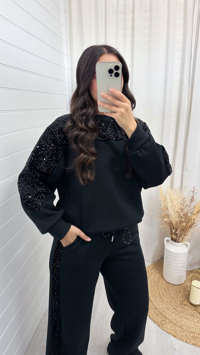 Sequin Sleeve Sweatshirt and Joggers Tracksuit - BLACK