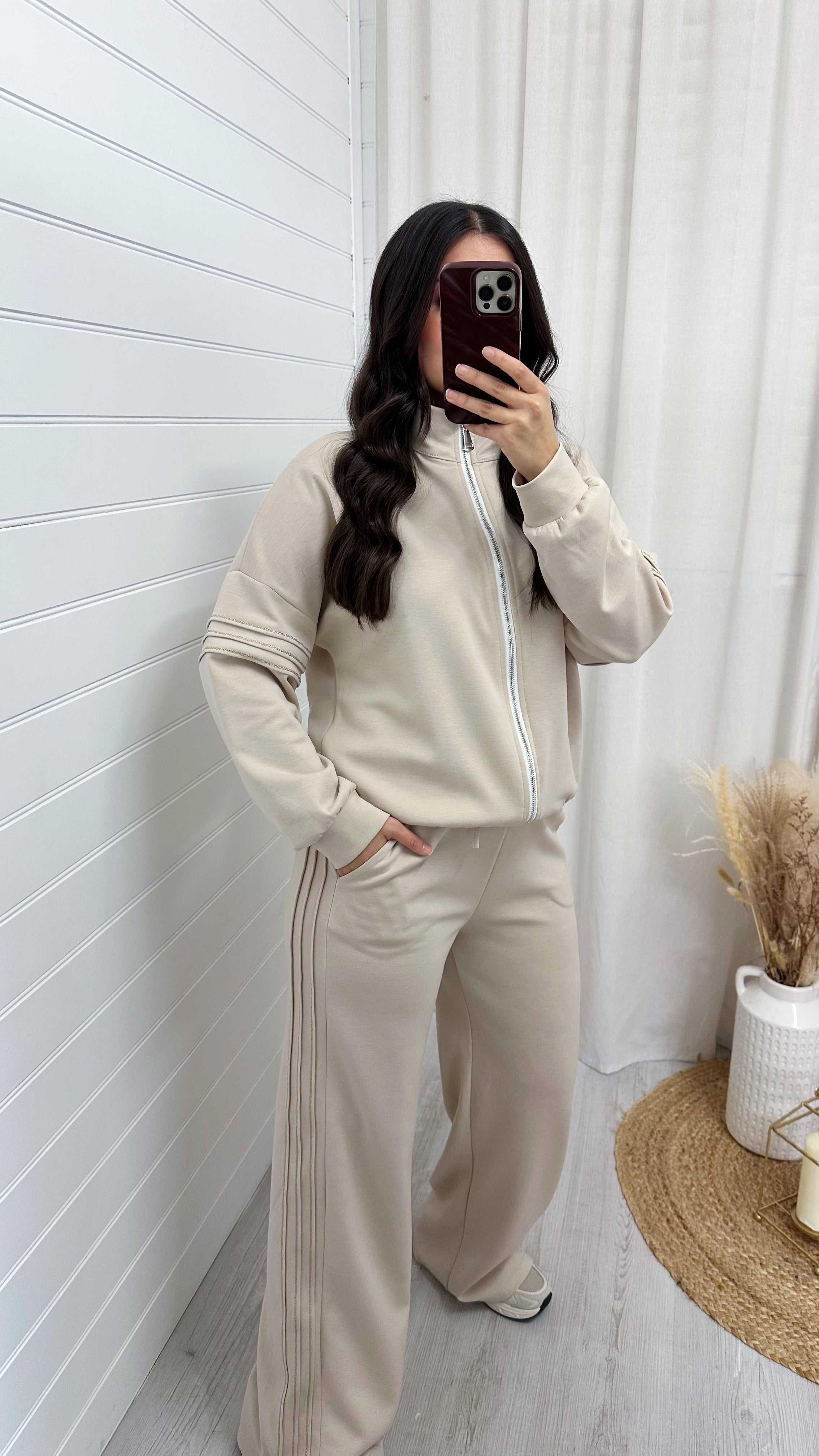 Gold Embroidered Bomber Jacket and Joggers Tracksuit - BEIGE